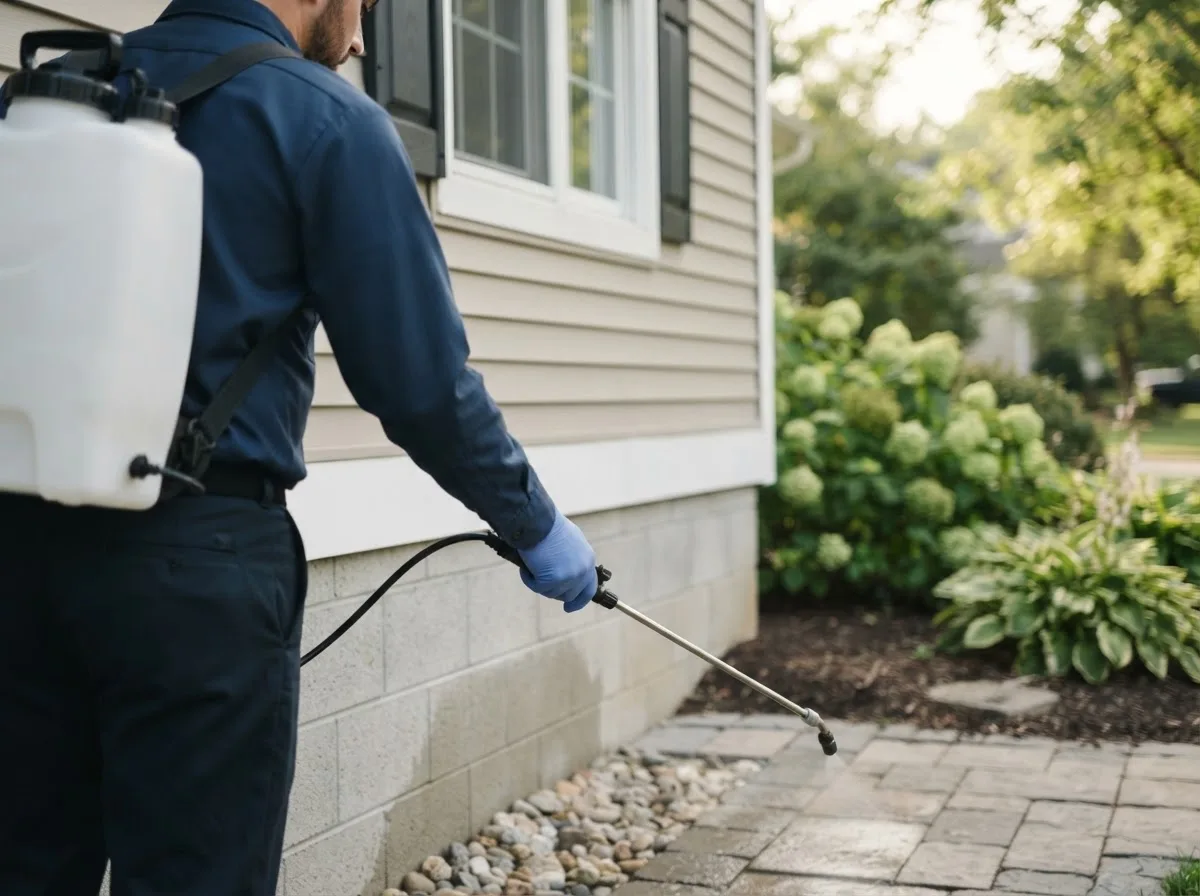 Pest control technician inspecting a home in Andalusia, IL
